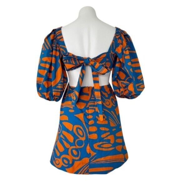 Alexis Bodhi Indigo Blue Orange Puff Sleeve Cut Out Mini Dress Size M - Picture 8 of 11